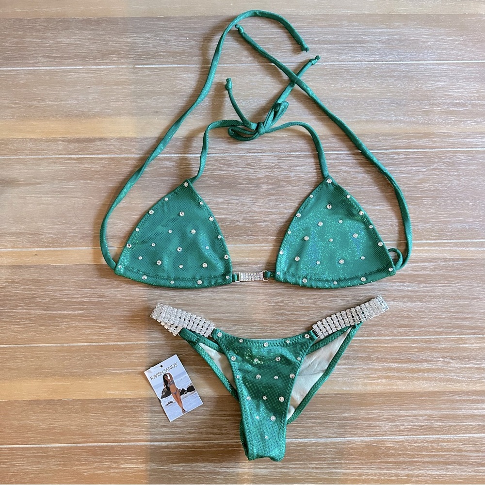NWT Ravish Sands Rhinestone Green Competition Bikini Size S
